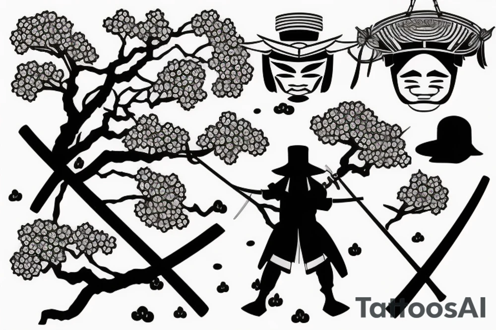 Samurai with sword cape and hat and cherry tree tattoo idea