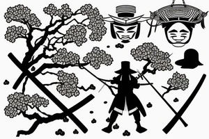 Samurai with sword cape and hat and cherry tree tattoo idea
