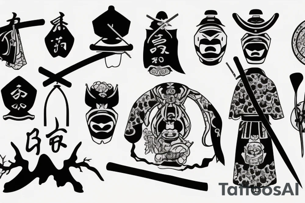 Samurai with sword cape and hat and cherry tree tattoo idea