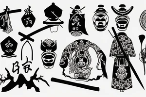 Samurai with sword cape and hat and cherry tree tattoo idea