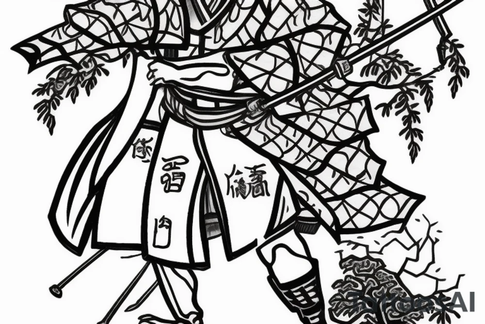 Samurai with sword cape and hat and cherry tree tattoo idea