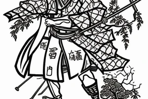 Samurai with sword cape and hat and cherry tree tattoo idea