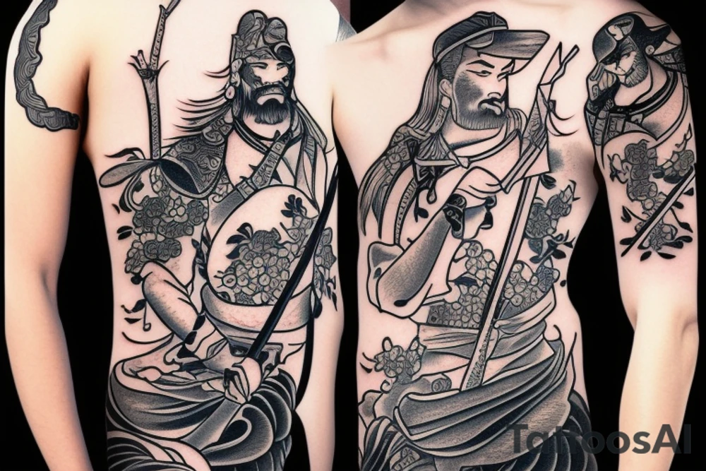 Samurai with sword cape and hat and cherry tree tattoo idea