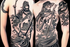 Samurai with sword cape and hat and cherry tree tattoo idea