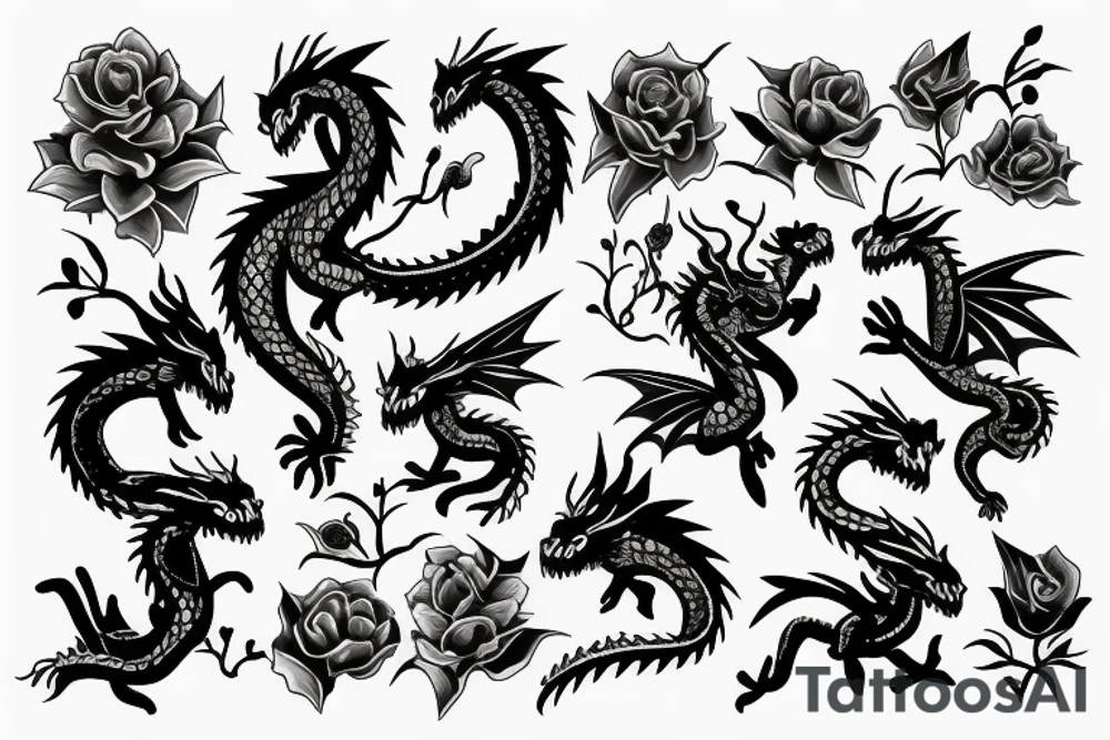 Dragons with flowers and sword tattoo idea