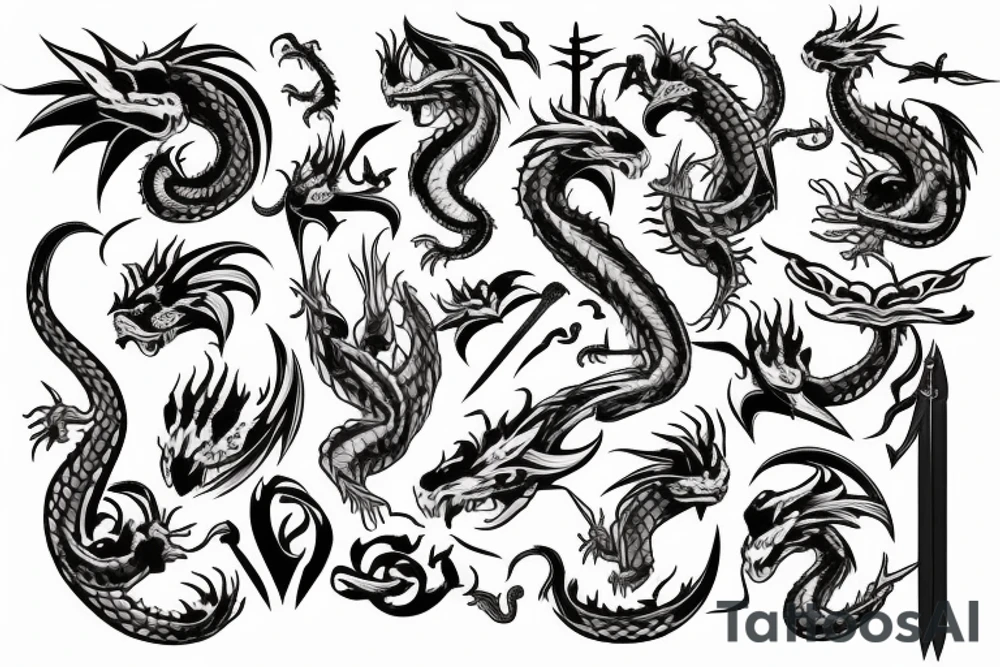 Dragons with flowers and sword tattoo idea