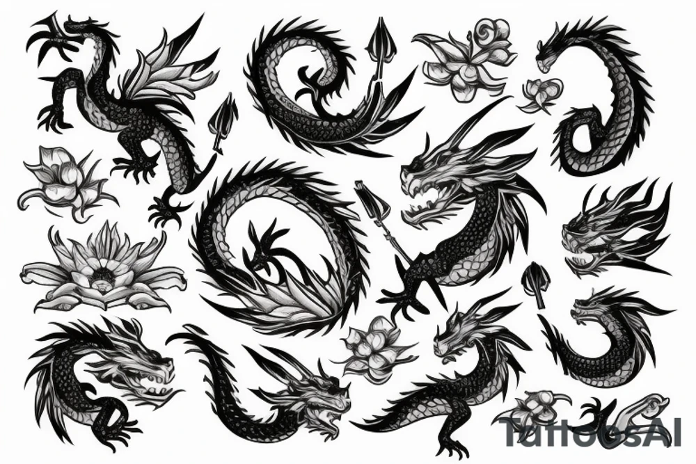 Dragon with flowers and sword tattoo idea