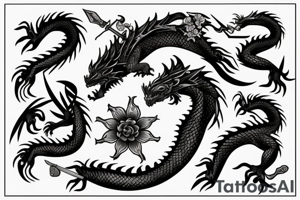 Dragon with flowers and sword tattoo idea