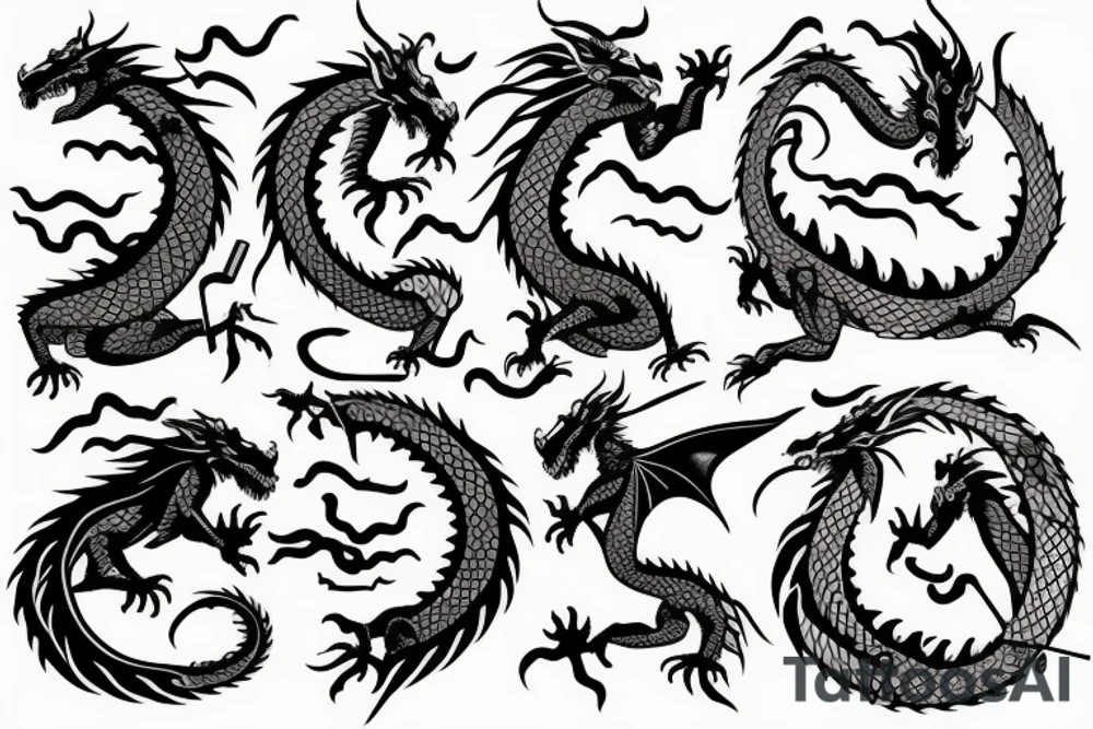 Dragon with flowers and sword tattoo idea