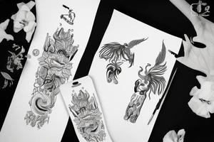 Okno z odchyloną firanką i kwiaty oraz jagody tattoo idea