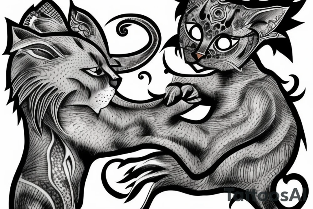chimera of cat head with male person body tattoo idea