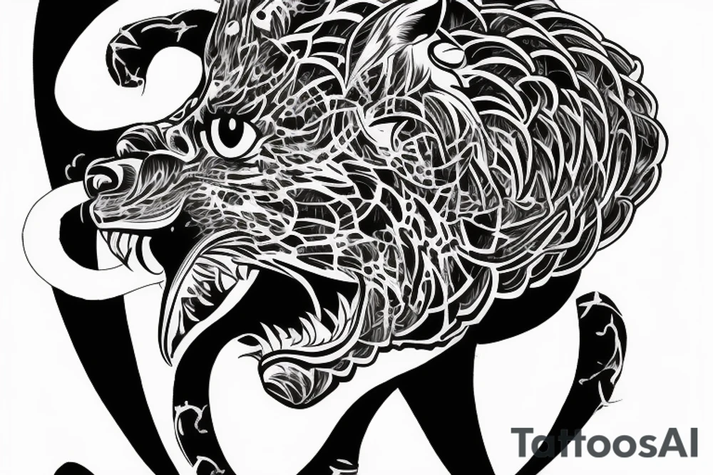 chimera of cat head with male person body tattoo idea