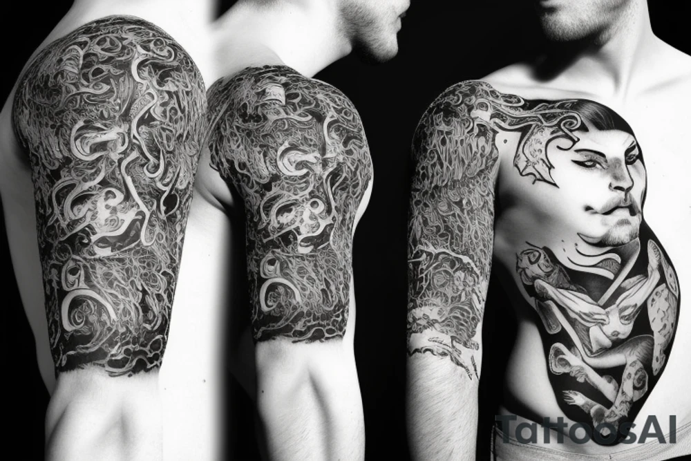 chimera of cat head with male person body tattoo idea