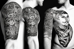 chimera of cat head with male person body tattoo idea