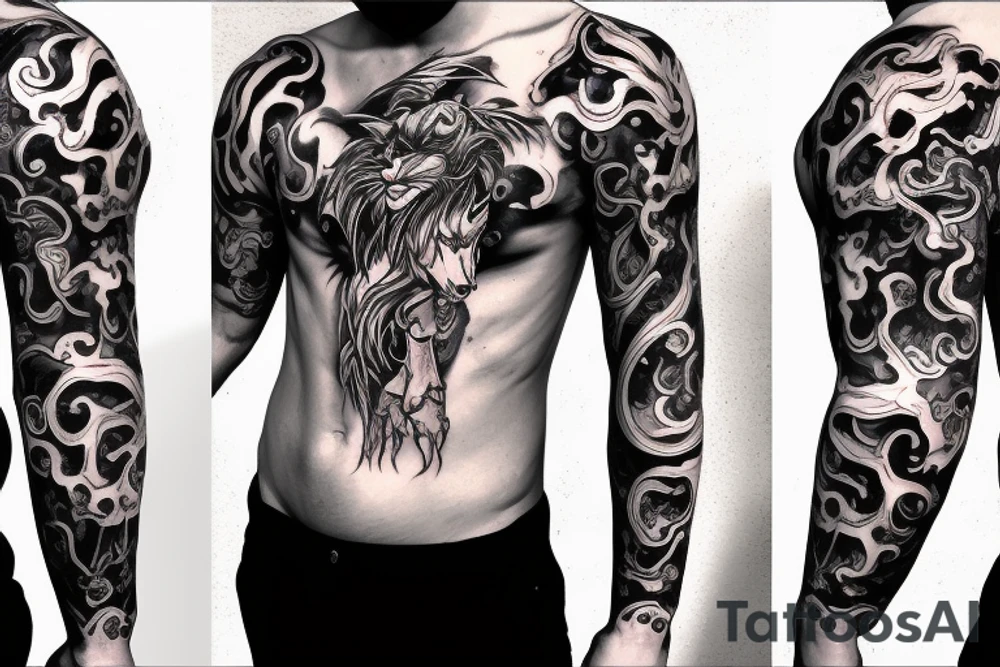 chimera of cat head with male person body tattoo idea