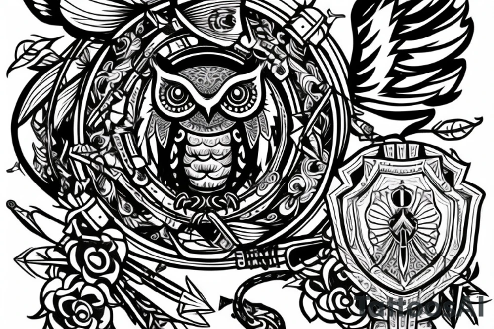 An owl in a diadem with a quiver and arrows, and a shield behind it. tattoo idea