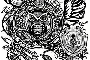 An owl in a diadem with a quiver and arrows, and a shield behind it. tattoo idea