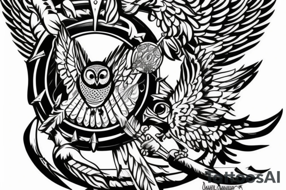 An owl in a diadem with a quiver and arrows, and a shield behind it. tattoo idea