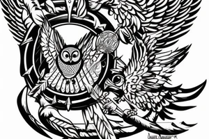 An owl in a diadem with a quiver and arrows, and a shield behind it. tattoo idea