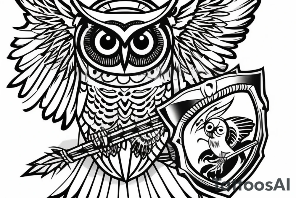 An owl in a diadem with a quiver and arrows, and a shield behind it. tattoo idea
