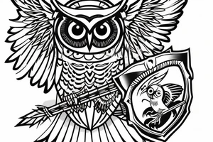 An owl in a diadem with a quiver and arrows, and a shield behind it. tattoo idea