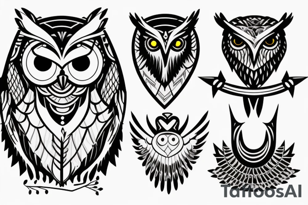 An owl in a diadem with a quiver and arrows, and a shield behind it. tattoo idea
