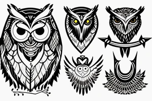 An owl in a diadem with a quiver and arrows, and a shield behind it. tattoo idea