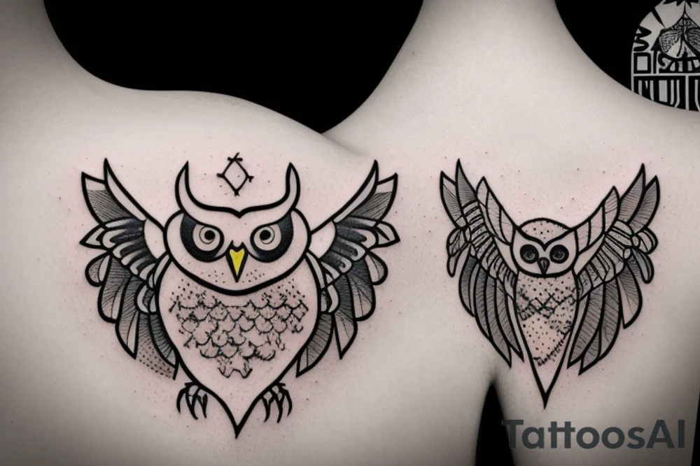 An owl in a diadem with a arrows, and a shield. tattoo idea