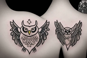 An owl in a diadem with a arrows, and a shield. tattoo idea