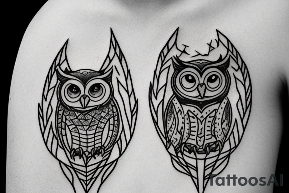 An owl in a diadem with a arrows, and a shield. tattoo idea
