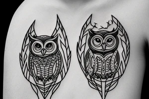 An owl in a diadem with a arrows, and a shield. tattoo idea
