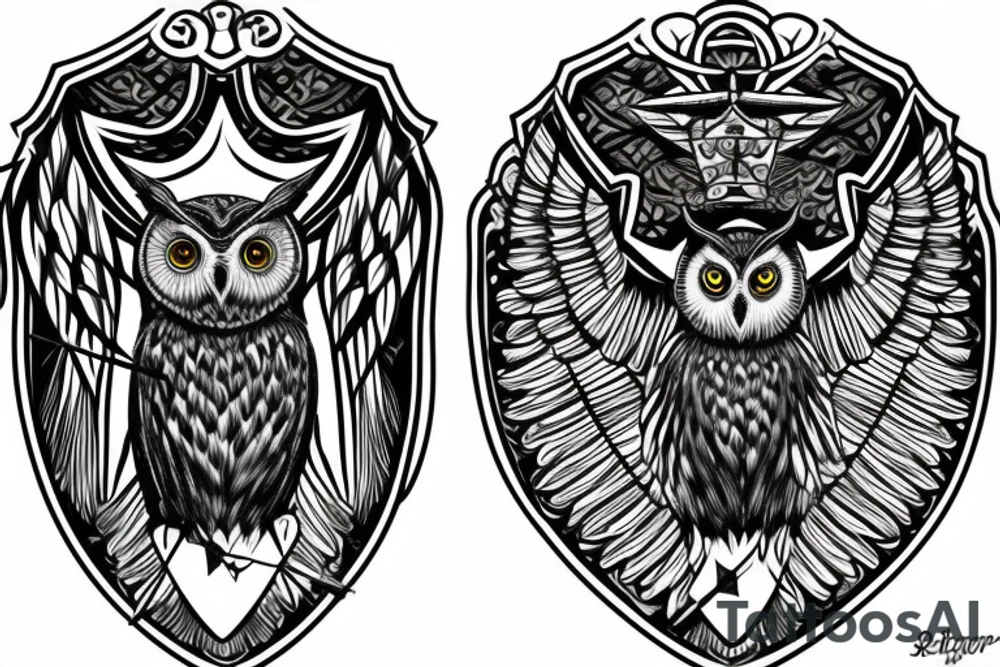 An owl in a diadem with a arrows, and a shield. tattoo idea