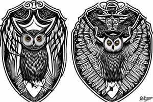 An owl in a diadem with a arrows, and a shield. tattoo idea
