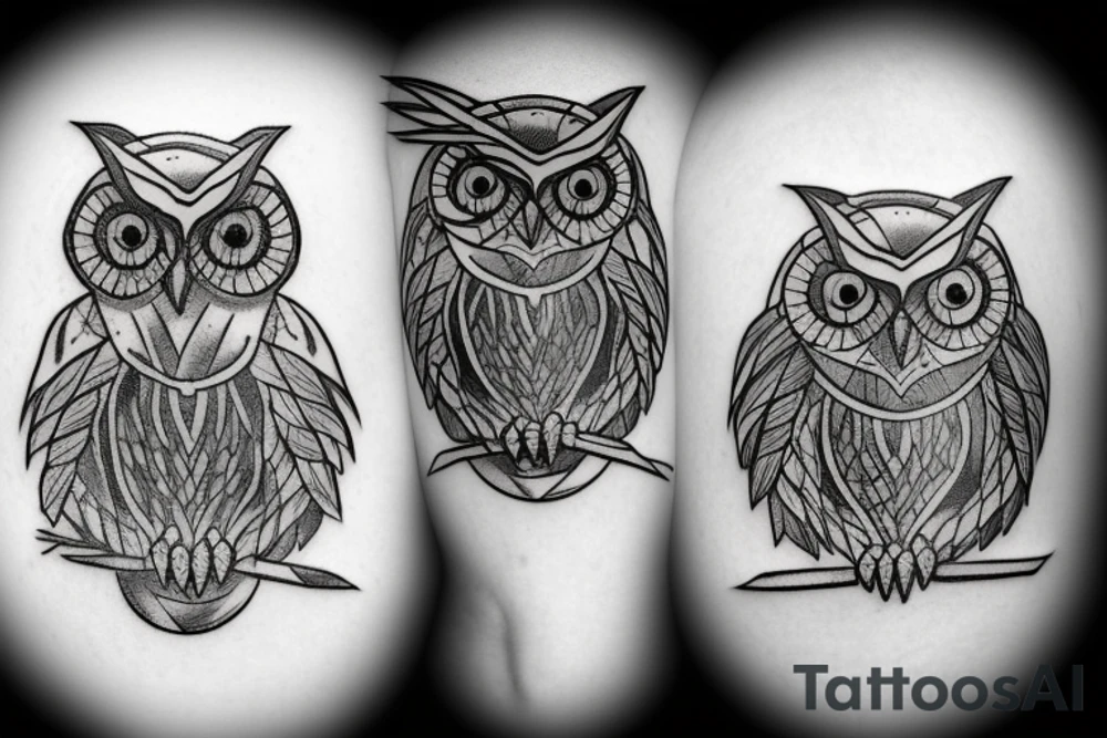 An owl in a diadem with a arrows, and a shield. tattoo idea
