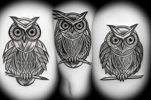 An owl in a diadem with a arrows, and a shield. tattoo idea