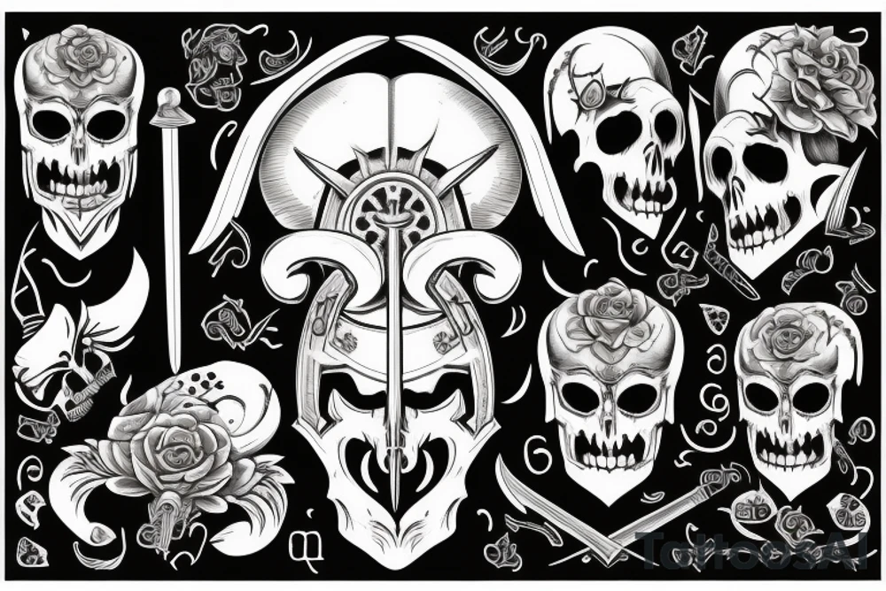 Ram skull with swords and Latin words tattoo idea
