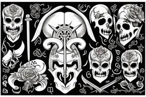 Ram skull with swords and Latin words tattoo idea