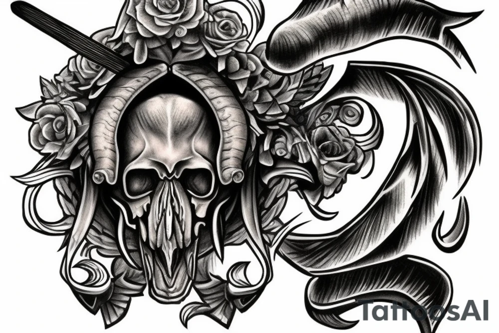 Ram skull with swords and Latin words tattoo idea