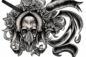 Ram skull with swords and Latin words tattoo idea