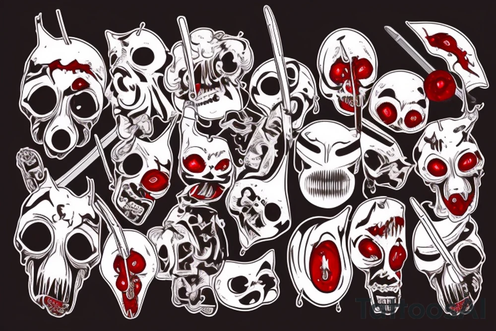 Japanese mask with short katana piercing downward through its skull passing through its mouth coming out the bottom with glowing blood dripping tattoo idea