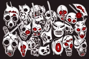 Japanese mask with short katana piercing downward through its skull passing through its mouth coming out the bottom with glowing blood dripping tattoo idea
