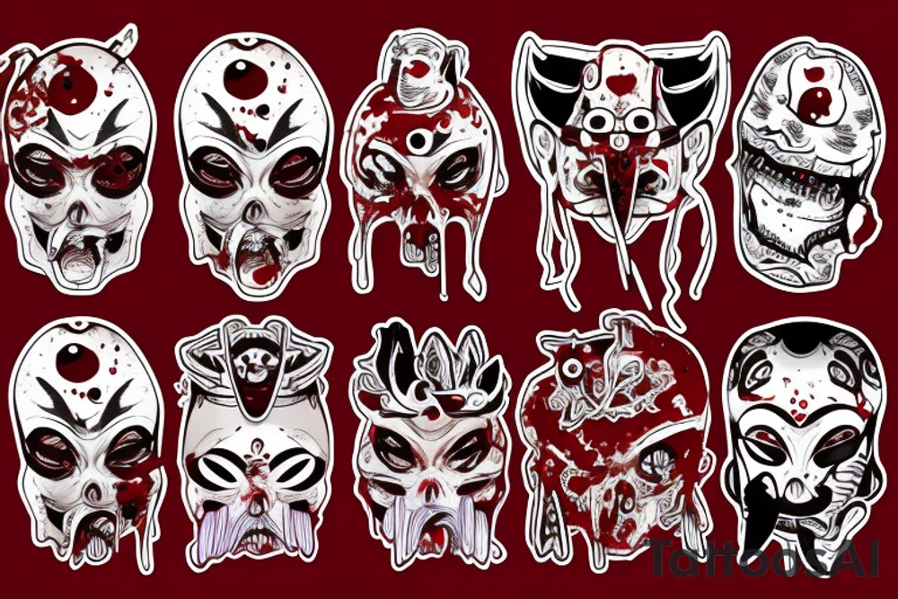 Japanese mask with short katana piercing downward through its skull passing through its mouth coming out the bottom with glowing blood dripping tattoo idea