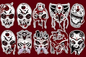 Japanese mask with short katana piercing downward through its skull passing through its mouth coming out the bottom with glowing blood dripping tattoo idea