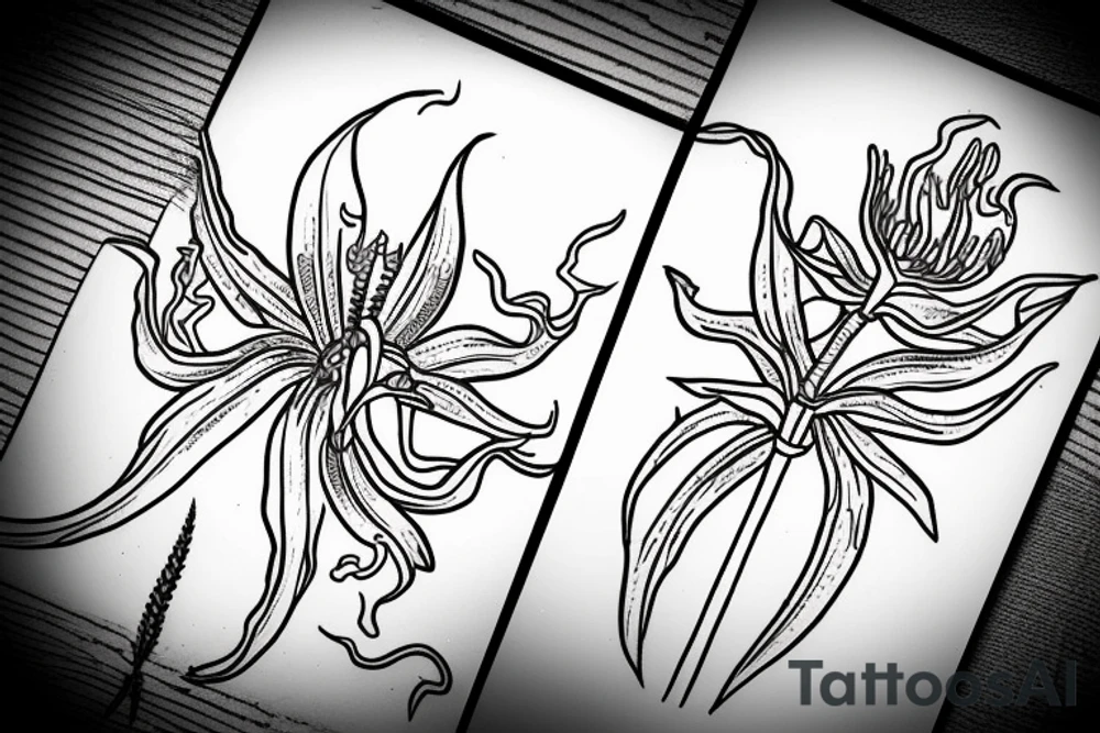 A line drawing of half a flame lily and half thistle split in the middle tattoo idea