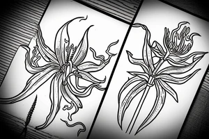 A line drawing of half a flame lily and half thistle split in the middle tattoo idea