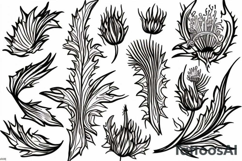 A line drawing of half a flame lily and half thistle split in the middle tattoo idea