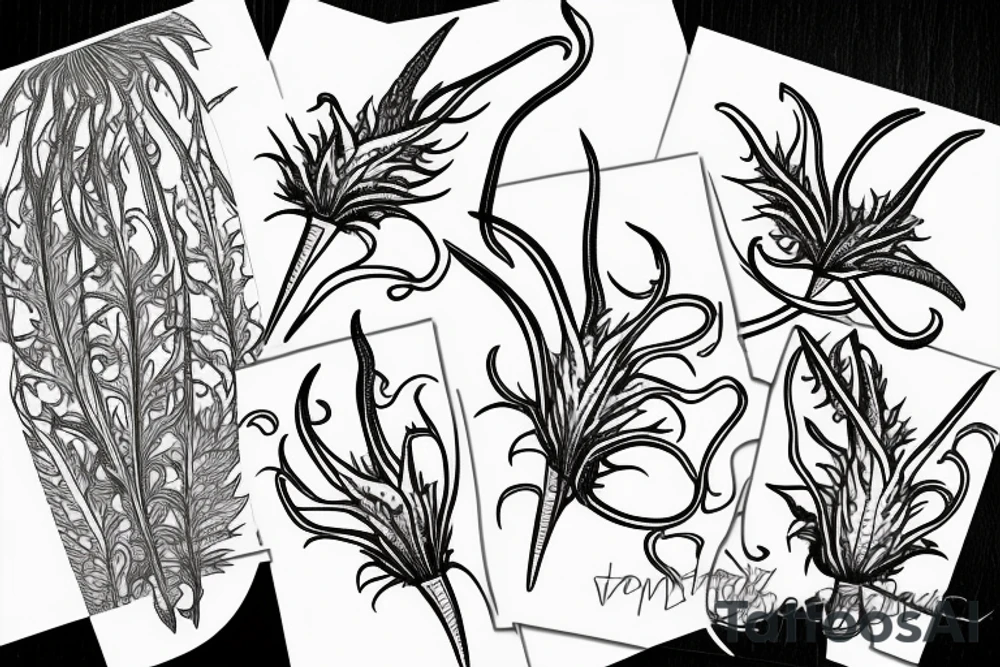 A line drawing of half a flame lily and half thistle split in the middle by a line tattoo idea