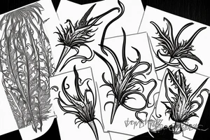 A line drawing of half a flame lily and half thistle split in the middle by a line tattoo idea