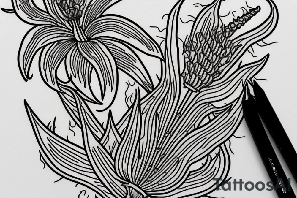 A line drawing of half a flame lily and half thistle split in the middle by a line tattoo idea