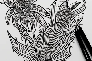 A line drawing of half a flame lily and half thistle split in the middle by a line tattoo idea
